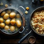 Patate che cuociono in acqua bollente.