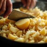 Patate tagliate e schiacciate nella padella.