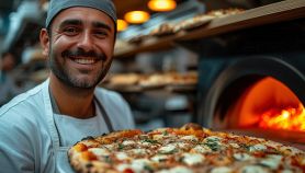 Pizzaiolo sorridente mostra una gustosa pizza margherita