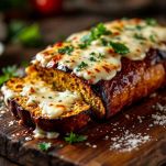 Polpettone di melanzane gratinato pronto per essere servito