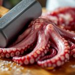 Polpo crudo pulito e immerso in pentola bollente