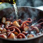 Polpo rosolato in pentola con vino in evaporazione