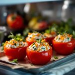 Pomodori ripieni pronti su vassoio