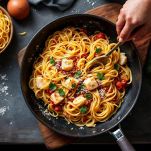Spaghetti al ragù di pesce in padella