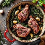 Pezzi di abbacchio con salvia rosmarino e aglio