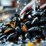 Cozze pulite con guscio scuro pronte per la cottura