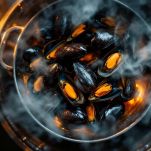 Padella con cozze in cottura mentre si aprono durante la preparazione