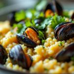 Risotto con cozze mescolato nella casseruola