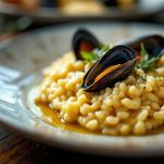 Piatto di risotto alle cozze decorato con cozze intere e prezzemolo