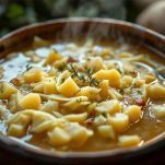 Ciotola di zuppa calda con verdure e brodo profumato