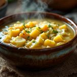 Pentola con zuppa che sobbolle fino a quando le patate diventano morbide