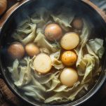 Pentola con verza e patate che iniziano a cuocere insieme