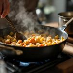 Padella con riso in cottura mentre il liquido si riduce