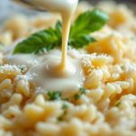 Padella con risotto mentre si aggiungono panna e Parmigiano grattugiato