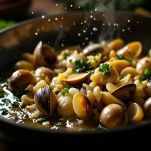 Padella con vongole aperte e vapore