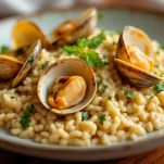 Piatto di risotto guarnito con vongole