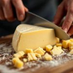 Radicchio tagliato e formaggio a cubetti su tagliere