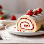 Fette di rotolo dolce con panna e fragole pronte da servire