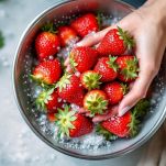 Tegame con fragole e zucchero mentre cuociono leggermente