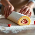 Rotolo dolce farcito con panna e fragole avvolto nella carta forno