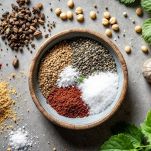 Ingredienti nel robot con basilico, formaggio, sale e pepe