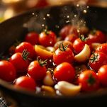 Padella con pomodorini in cottura mentre rilasciano il loro succo
