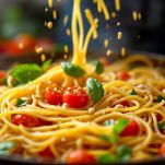 Padella con spaghetti e pomodorini mescolati sul fuoco