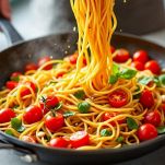 Piatto di spaghetti ai pomodorini guarnito con basilico fresco