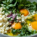 Aggiungete feta sbriciolata e uova