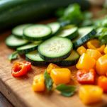 Zucchine a rondelle e peperoni a cubetti