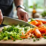 Cavolo, carote e peperoni tagliati a strisce sottili