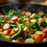 Padella con cavolo, carote e peperoni in cottura