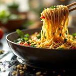 Padella con noodles di riso mescolati con le verdure