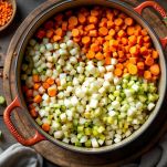 Trito di cipolla, carota e sedano in padella