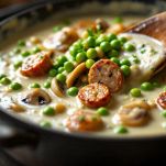 Salsa cremosa con salsiccia, funghi e piselli