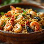Piatto di spaghetti con sugo di pesce e pomodoro
