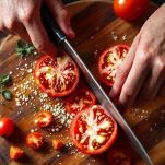 Padella con pomodori e soffritto in cottura