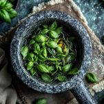 Mortai con basilico e pinoli