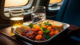 Vassoio con cibo e bibite in aereo