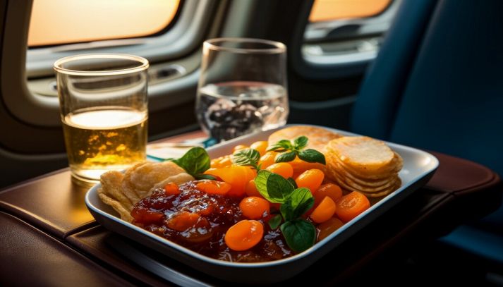 Vassoio con cibo e bibite in aereo