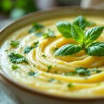 Crema di verdure liscia con basilico e crostini