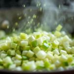 Porro tagliato finemente che cuoce in pentola con olio extravergine