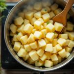 Patate e zucchine tagliate aggiunte al porro nella pentola