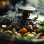 Pentola con verdure immerse in acqua durante la cottura