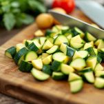 Zucchine e patate tagliate in pezzi simili.