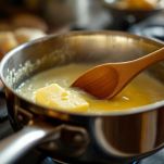 Tegame con burro a pezzetti che si scioglie mescolando