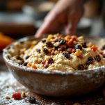 Ciotola con impasto e uvetta, mandorle, pinoli e spezie