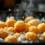 Padella con zeppole dorate immerse nell’olio bollente