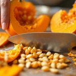 Tagliere con zucca privata di buccia e semi