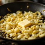 Padella con cipolla tritata e zucca in cottura nel burro e olio